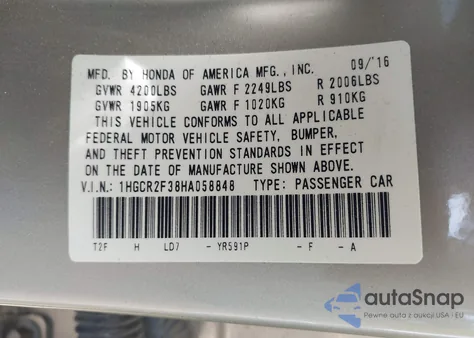 2017 Honda Accord Lx из США, поврежденный, VIN 1HGCR2F38HA058848